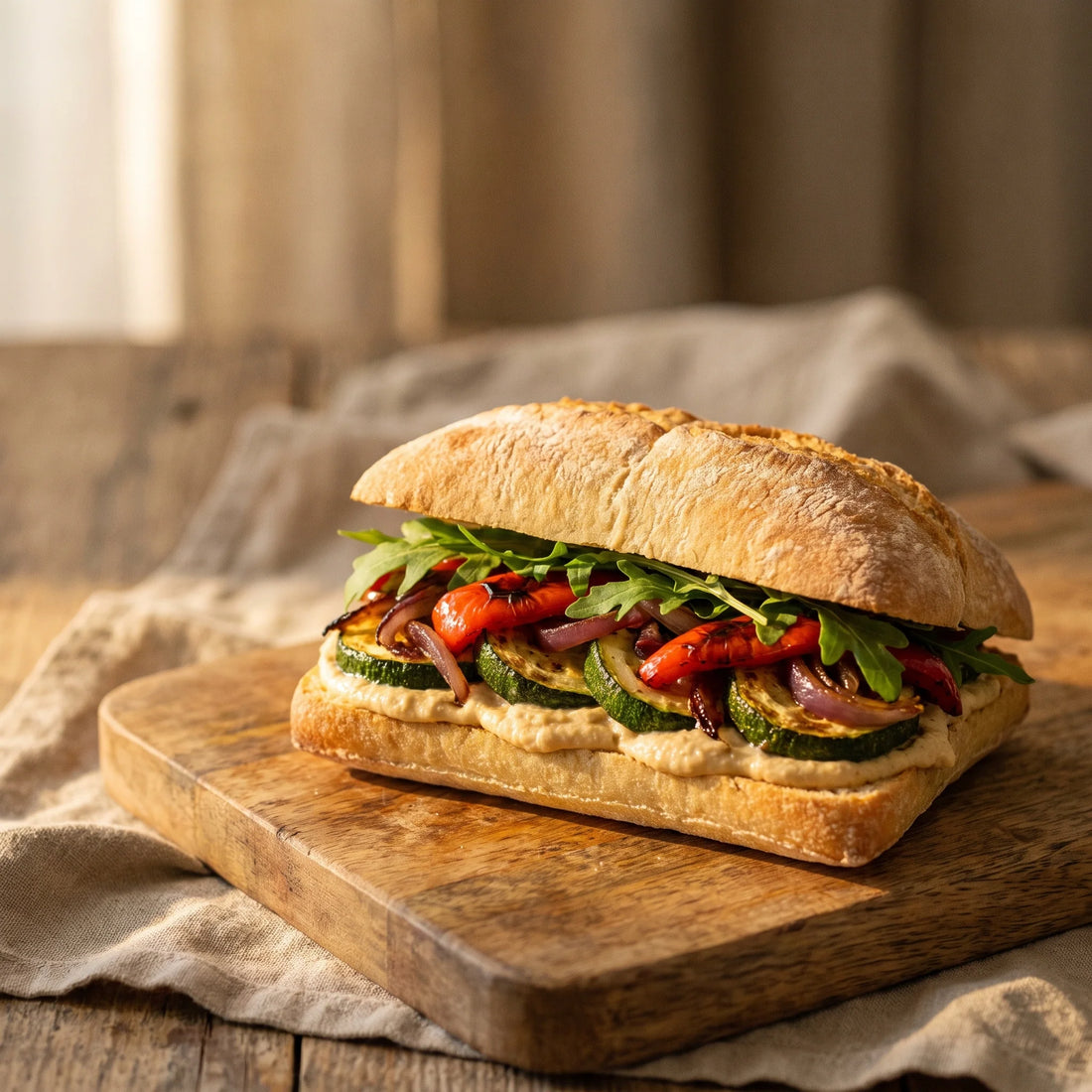 Ein dick belegtes Ciabatta-Sandwich mit geröstetem Gemüse und Rucola, aufgeschnitten auf einem Brett