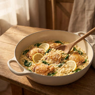 Ein Topf mit cremigem Orzo, gebratenen Hähnchenstücken, Spinat, Zitronenscheiben und Parmesan