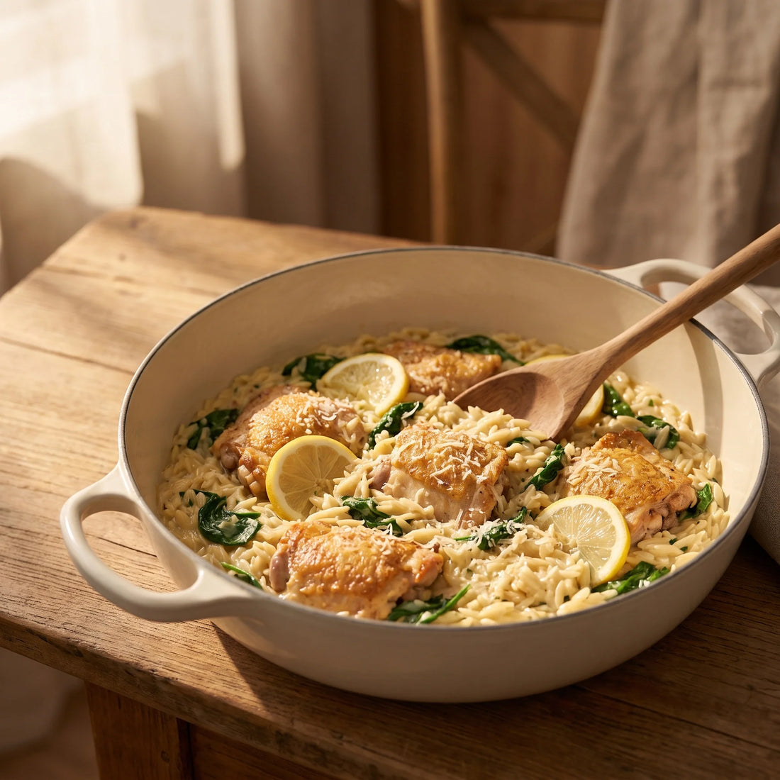Ein Topf mit cremigem Orzo, gebratenen Hähnchenstücken, Spinat, Zitronenscheiben und Parmesan