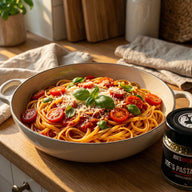One-Pot-Pasta mit Tomatensauce und Basilikum in einem weiten Topf