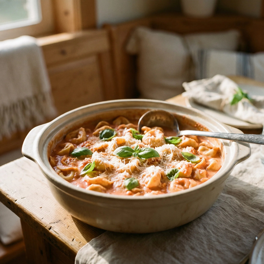 Ein Topf mit Tortellini in cremiger rosa Tomatensauce mit Basilikumblättern und geriebenem Käse