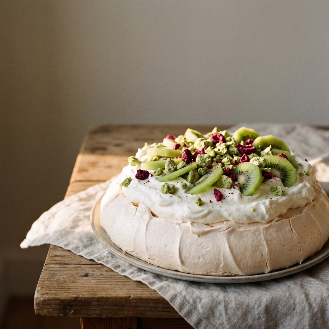 Eine Pavlova mit weißer Sahne, grünen Kiwischeiben und gefriergetrockneten Stachelbeeren