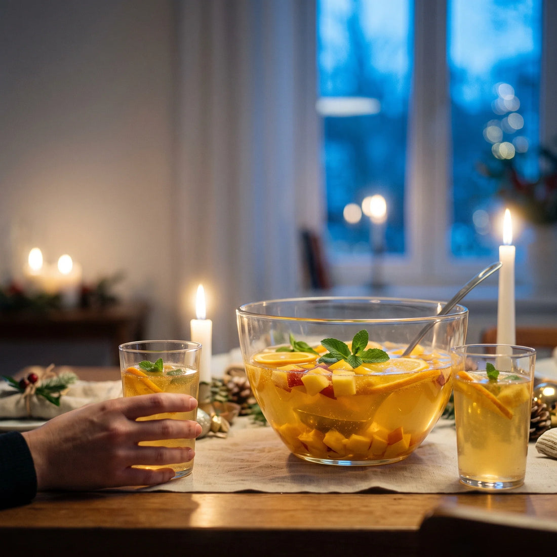 Eine Glasschüssel mit goldener Pfirsich-Bowle, Orangenscheiben und Minze, daneben gefüllte Gläser