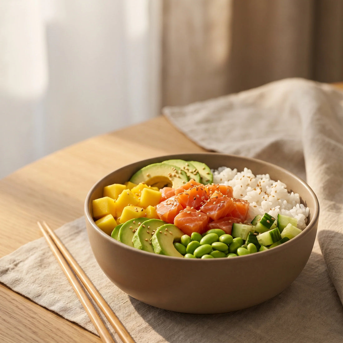Eine Schale mit Reis, gewürfeltem rohem Lachs, Mango, Avocado, Edamame, Gurke und Sesam