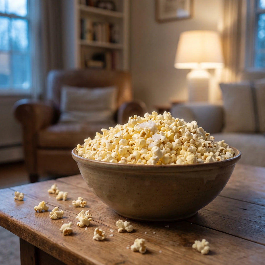 Eine große Schale mit frischem, buttrigem Popcorn, darauf grobe weiße Salzflocken