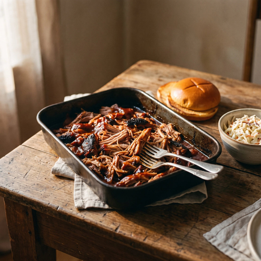 Gezupftes Schweinefleisch mit dunkler Kruste in einem Bräter, daneben Brötchen und Krautsalat