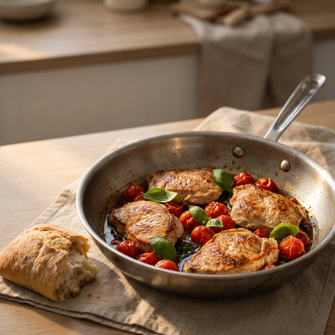 Gebratene Putensteaks in einer Pfanne mit aufgeplatzten Kirschtomaten, Basilikum und Bratensaft