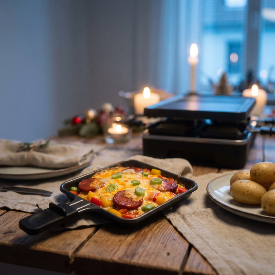 Ein Raclette-Pfännchen mit geschmolzenem Käse, Chorizoscheiben und bunten Paprikawürfeln