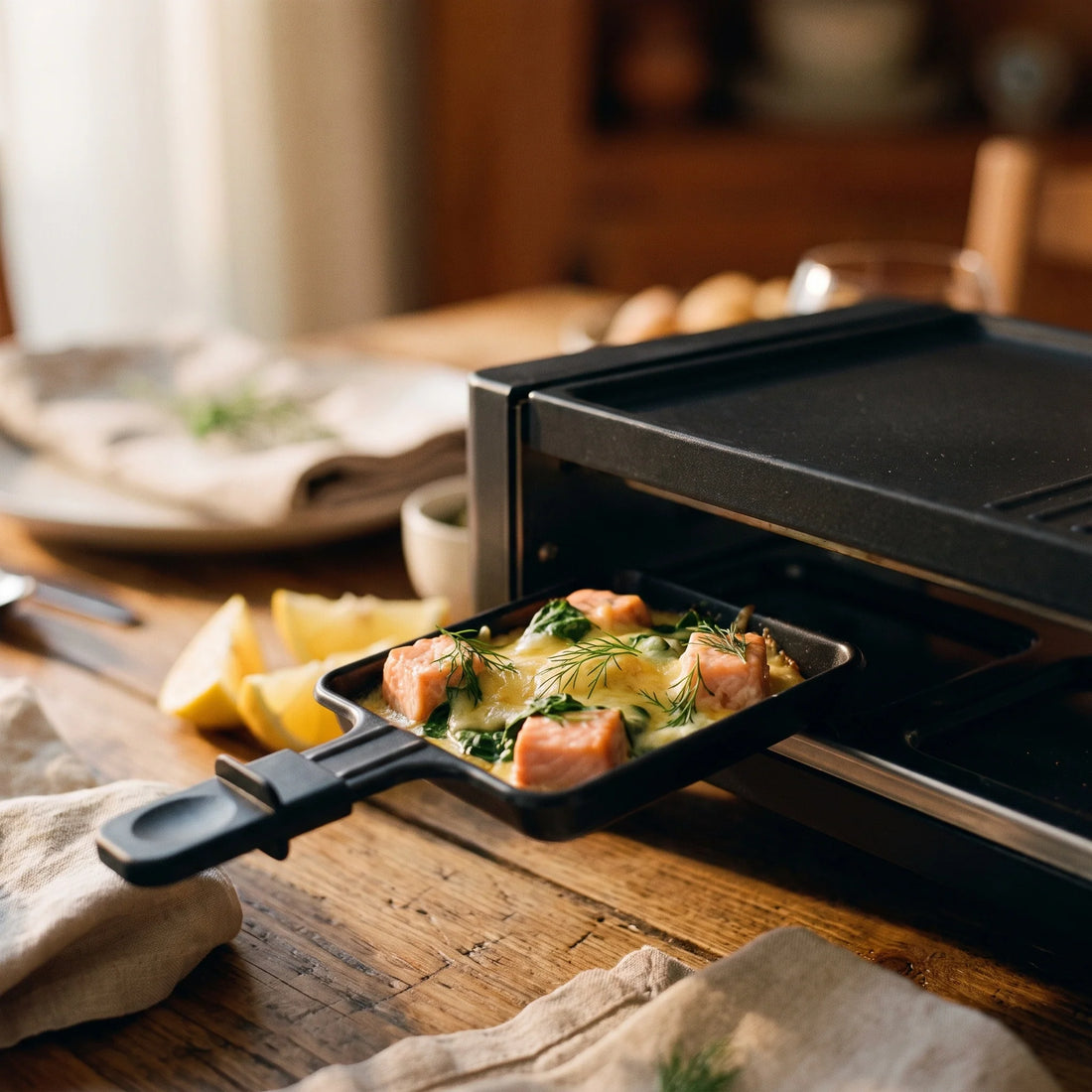 Ein Raclette-Pfännchen mit rosa Lachswürfeln, Blattspinat und geschmolzenem Käse, bestreut mit frischem Dill