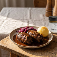 Zwei geschmorte Rinderrouladen mit dunkler Soße auf einem Teller, daneben Rotkohl und Knödel