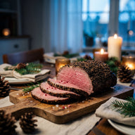 Aufgeschnittenes rosa Roastbeef mit dunkler Pfefferkruste und roten Salzflocken auf einem Brett