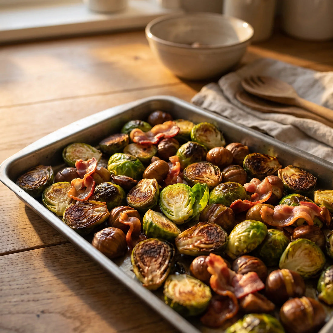 Gerösteter Rosenkohl mit Maronen und knusprigem Speck auf einem Backblech