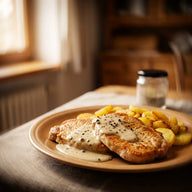 Zwei gebratene Schnitzel auf einem Teller mit heller Rahmsoße voller grober Pfefferkörner