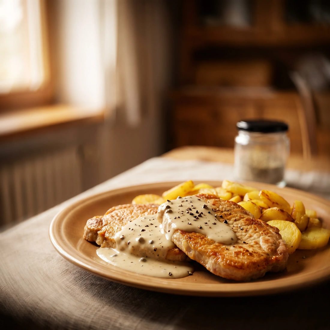 Zwei gebratene Schnitzel auf einem Teller mit heller Rahmsoße voller grober Pfefferkörner
