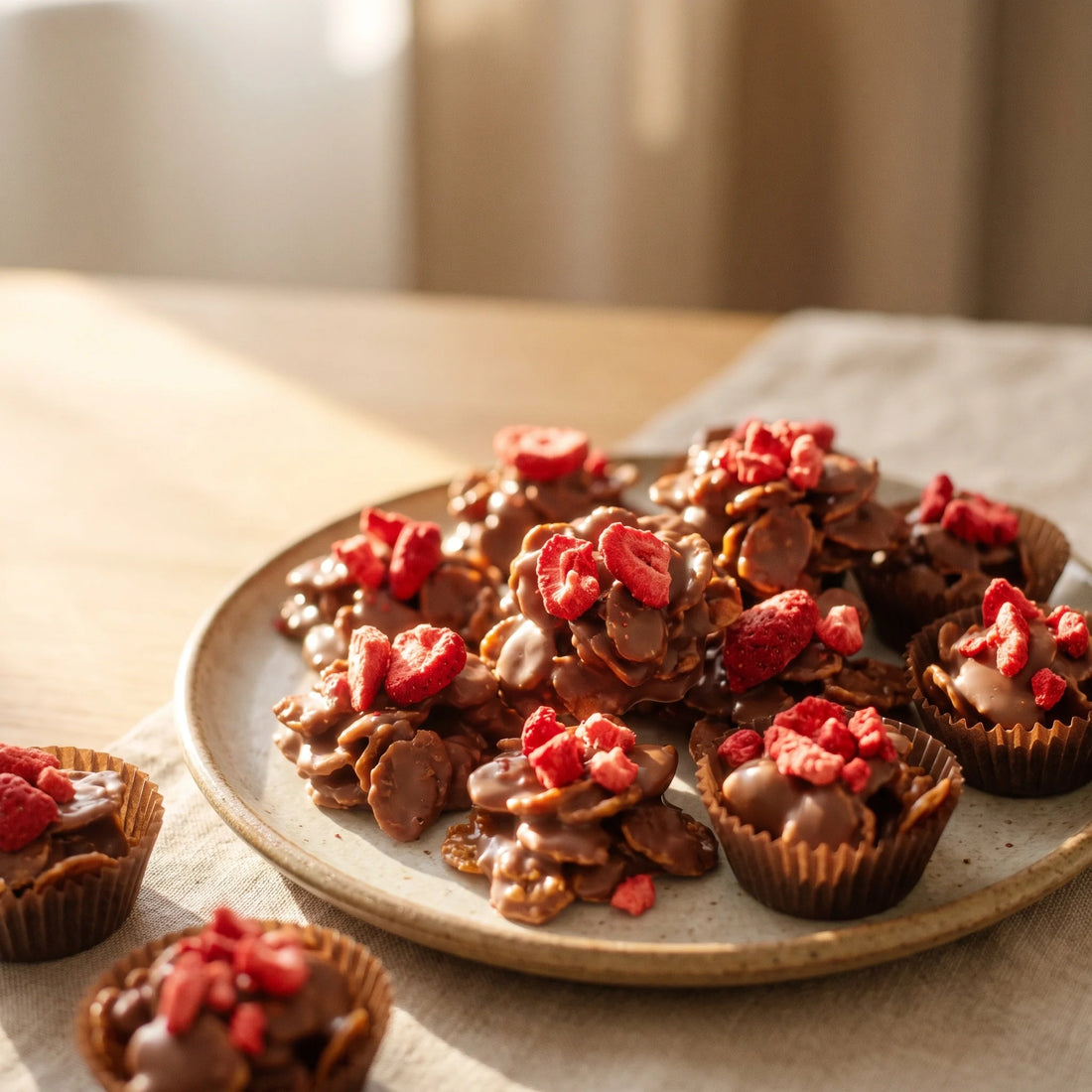 Kleine Schokoladenhäufchen mit Cornflakes und roten Erdbeerstücken auf Backpapier