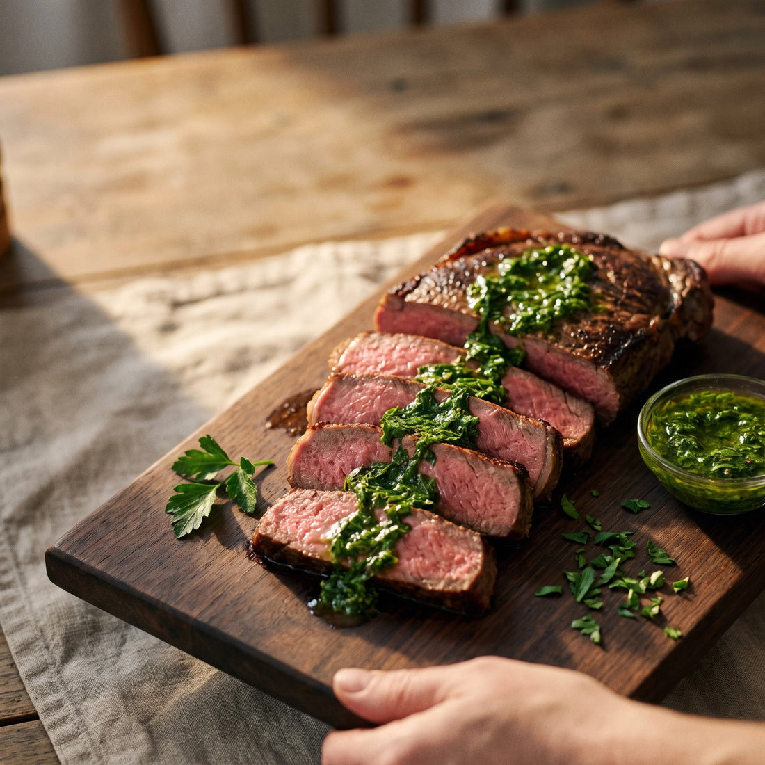 Aufgeschnittenes rosa Rumpsteak auf einem Brett mit grüner Kräutersauce darüber