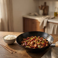 Hähnchenwürfel mit Erdnüssen, roten Chilischoten und Frühlingszwiebeln in einem Wok