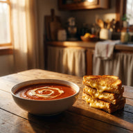 Ein Teller cremige Tomatensuppe, daneben Streifen von goldbraun gebratenem Käsetoast