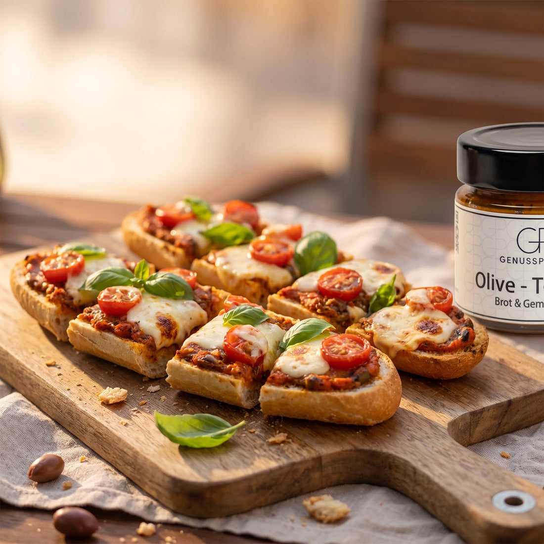 Überbackene Baguettehälften mit geschmolzenem Mozzarella, Kirschtomaten und Basilikum auf einem Brett, daneben ein Glas Olive Tomate