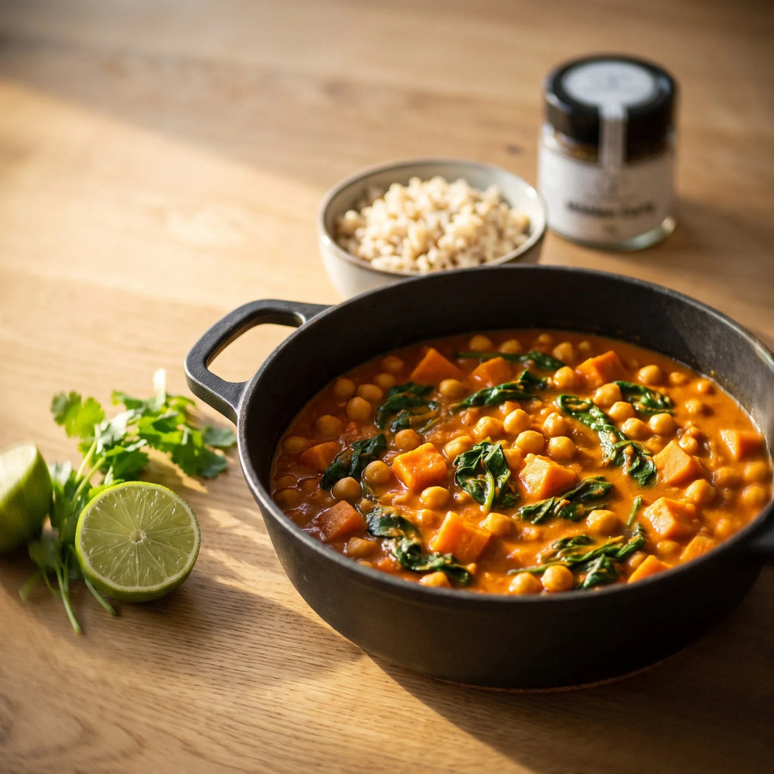 Vegetarisches Curry mit Kichererbsen, Süßkartoffel und Spinat in einem Topf