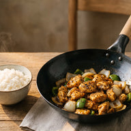 Hähnchenstücke mit dunkler Pfefferkruste, Zwiebeln und grüner Paprika im Wok, daneben eine Schale Reis