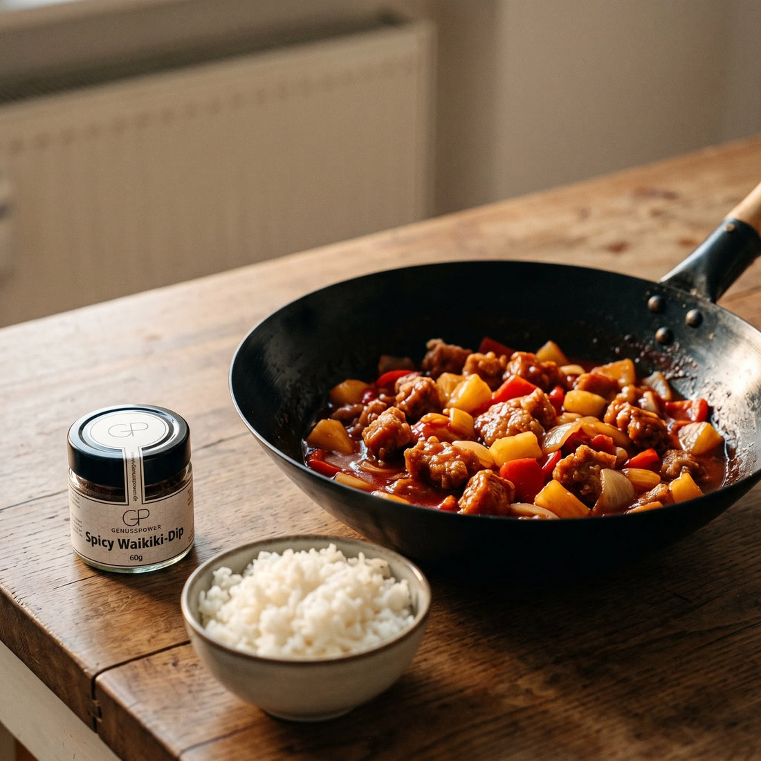 Knusprige Schweinefleischstücke mit Ananas, Paprika und Zwiebeln in glänzender roter Sauce, daneben ein Glas Spicy Waikiki-Dip