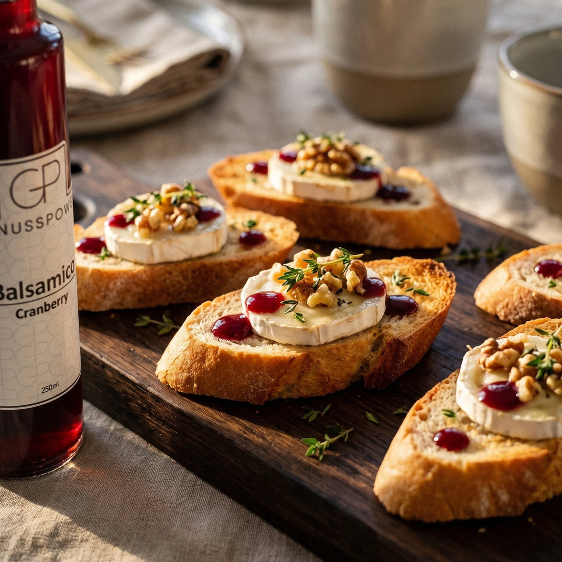 Geröstete Baguettescheiben mit warmem Ziegenkäse, Walnüssen und rotem Balsamico auf einem Holzbrett