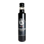 Schlanke schwarze Flasche Joes Blattgold Balsamico Cassis mit 250 ml, schwarzes Etikett mit Joeskochwelt Wortmarke und schwarzer Verschluss