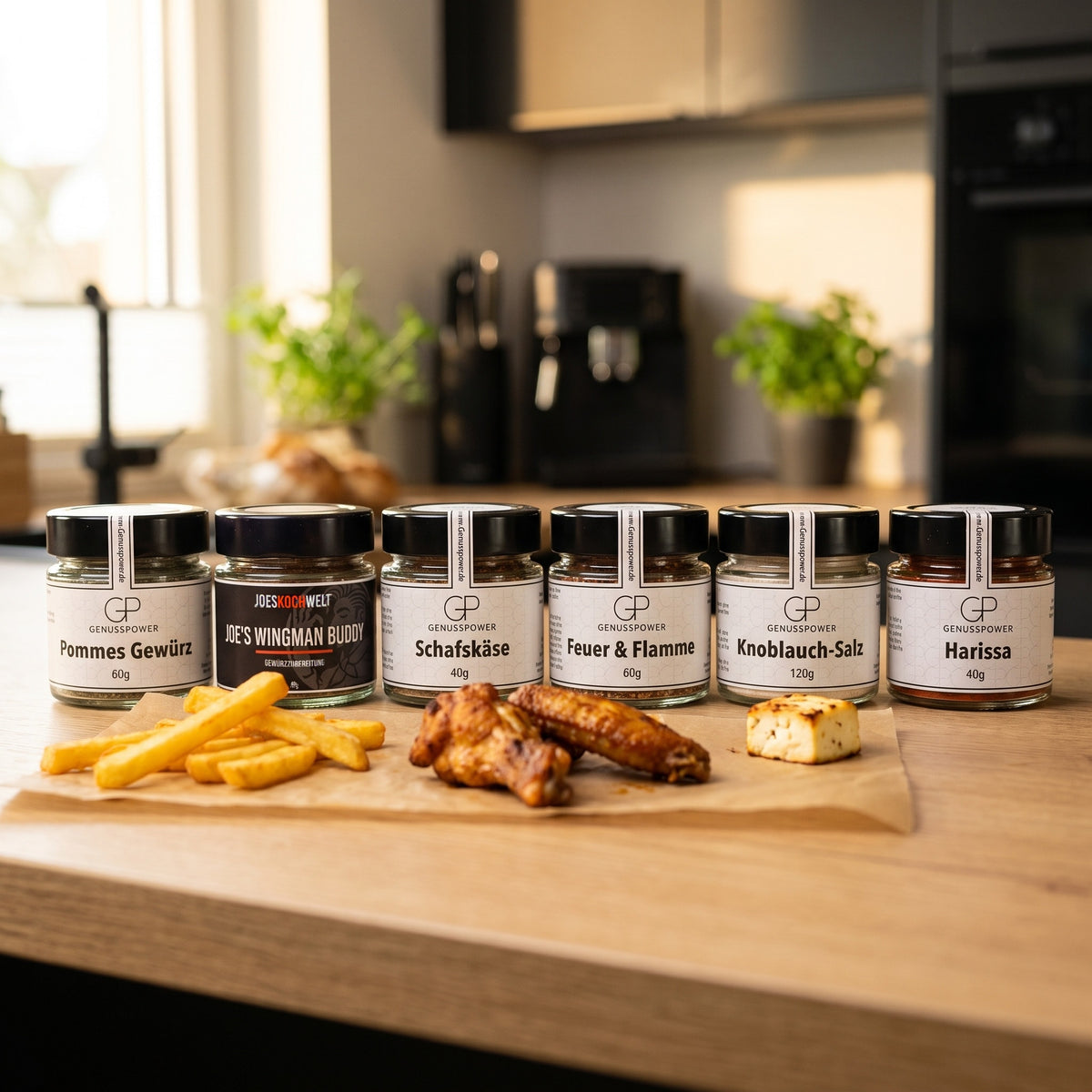 Airfryer Liebe: die sechs Sorten des Sets in einer Reihe, davor Pommes, Wings und Feta