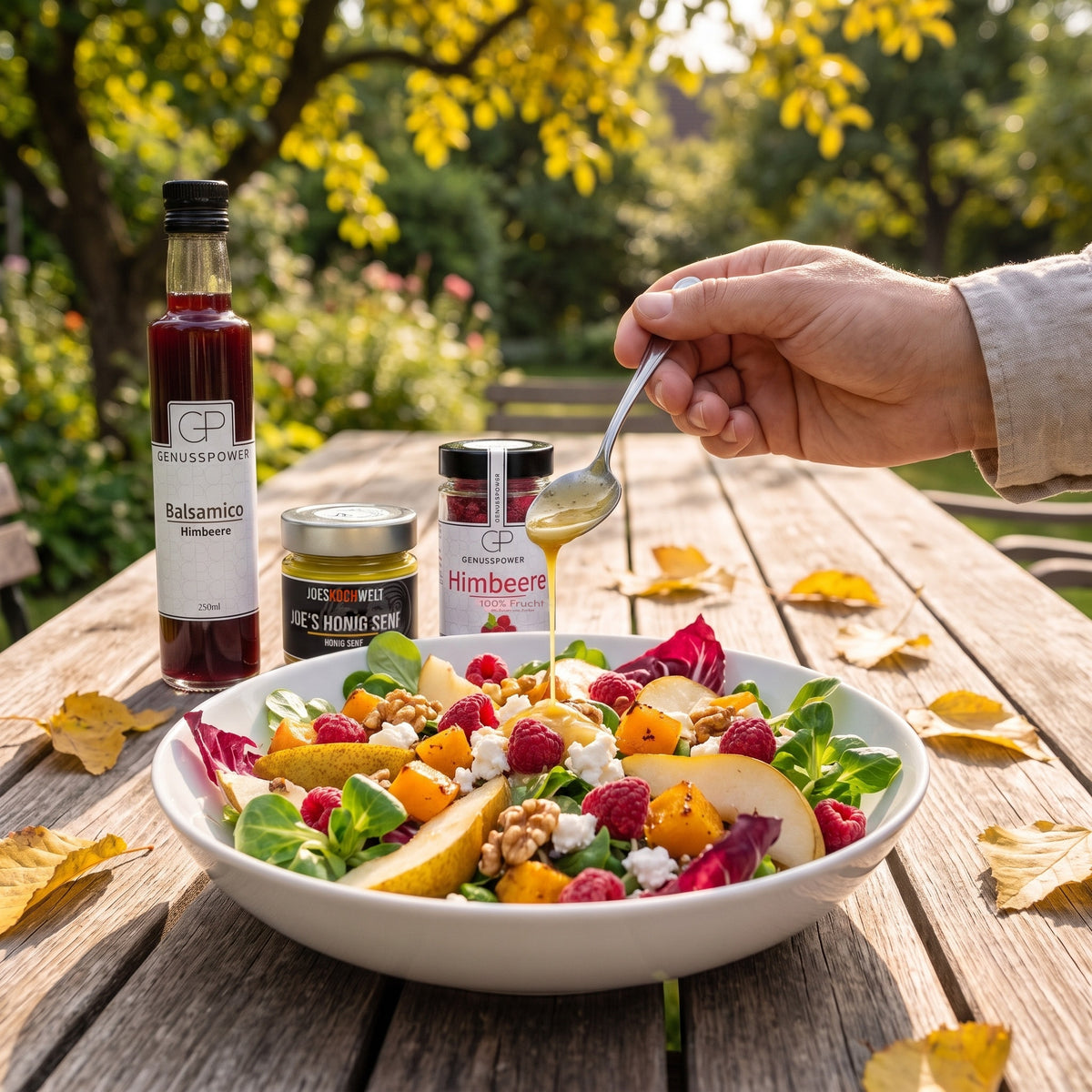 Angemacht: Herbstsalat mit Birne, Kürbis, Walnüssen und Himbeeren, Honig Senf Dressing vom Löffel, dahinter Balsamico Himbeere, Joes Honig Senf und das Himbeerglas
