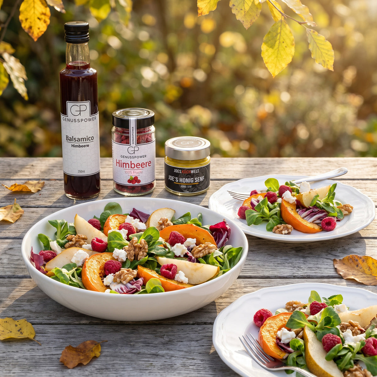 Angemacht: Herbstsalat in der Schüssel und auf zwei Tellern am Gartentisch, dahinter Balsamico Himbeere, Himbeerglas und Joes Honig Senf