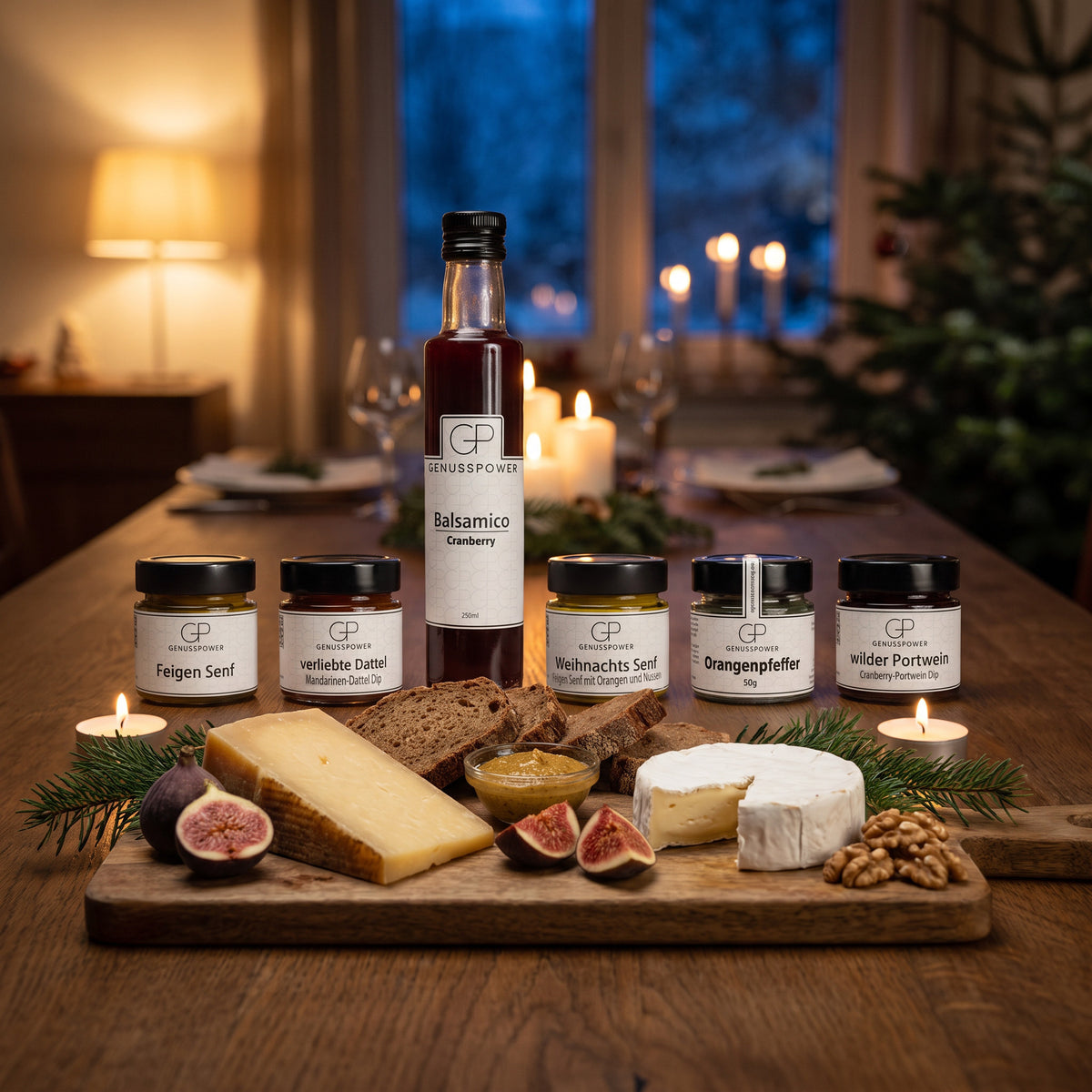 Bescherung: Käseplatte an Heiligabend mit Feigen und Walnüssen, dahinter die sechs Sorten und der Balsamico