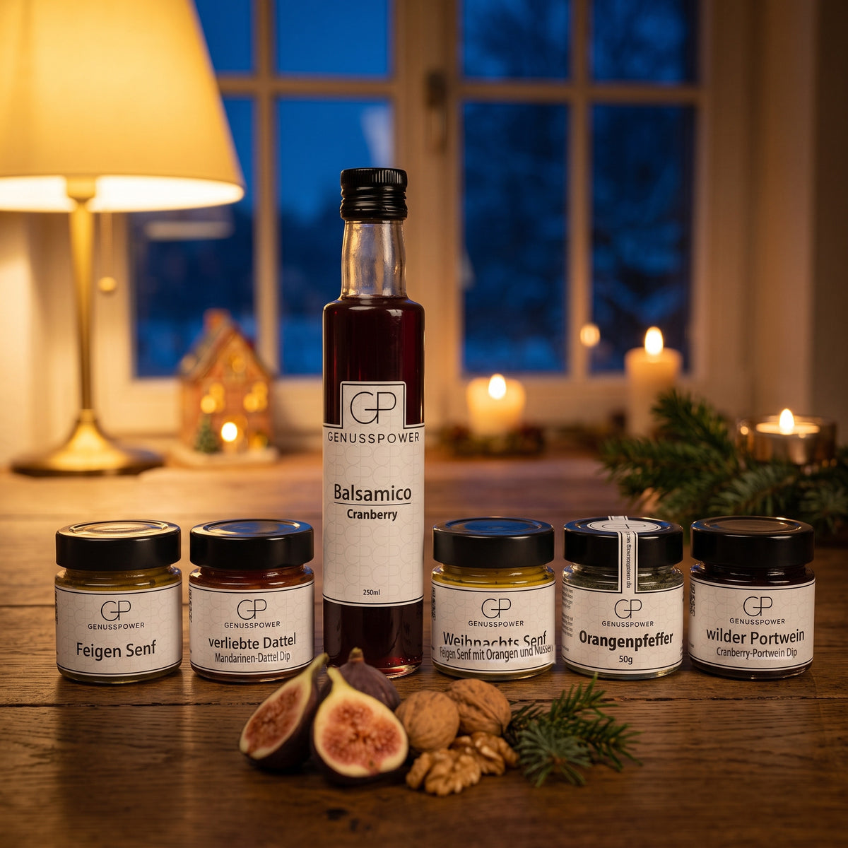 Bescherung: die sechs Sorten mit dem Cranberry Balsamico, davor Feigen, Walnüsse und Tannengrün