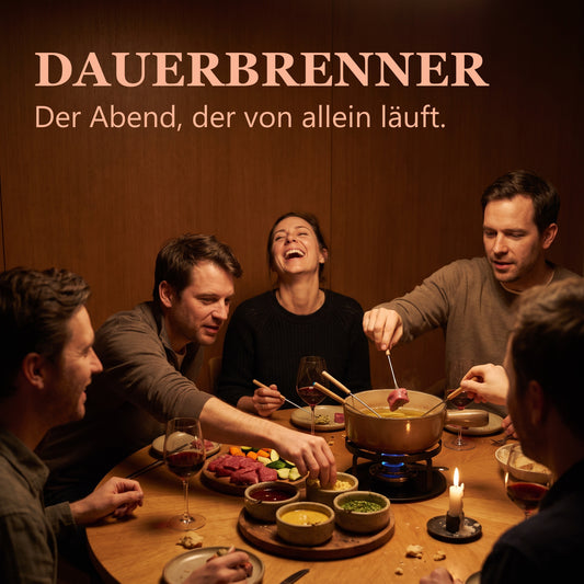 Dauerbrenner – fünf Freunde am Fonduetopf, sechs Saucenschälchen auf dem Tisch
