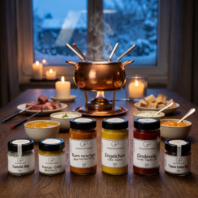 Fondue: dampfender Kupfertopf am Winterabend, davor Schalen mit Dips und die sechs Sorten