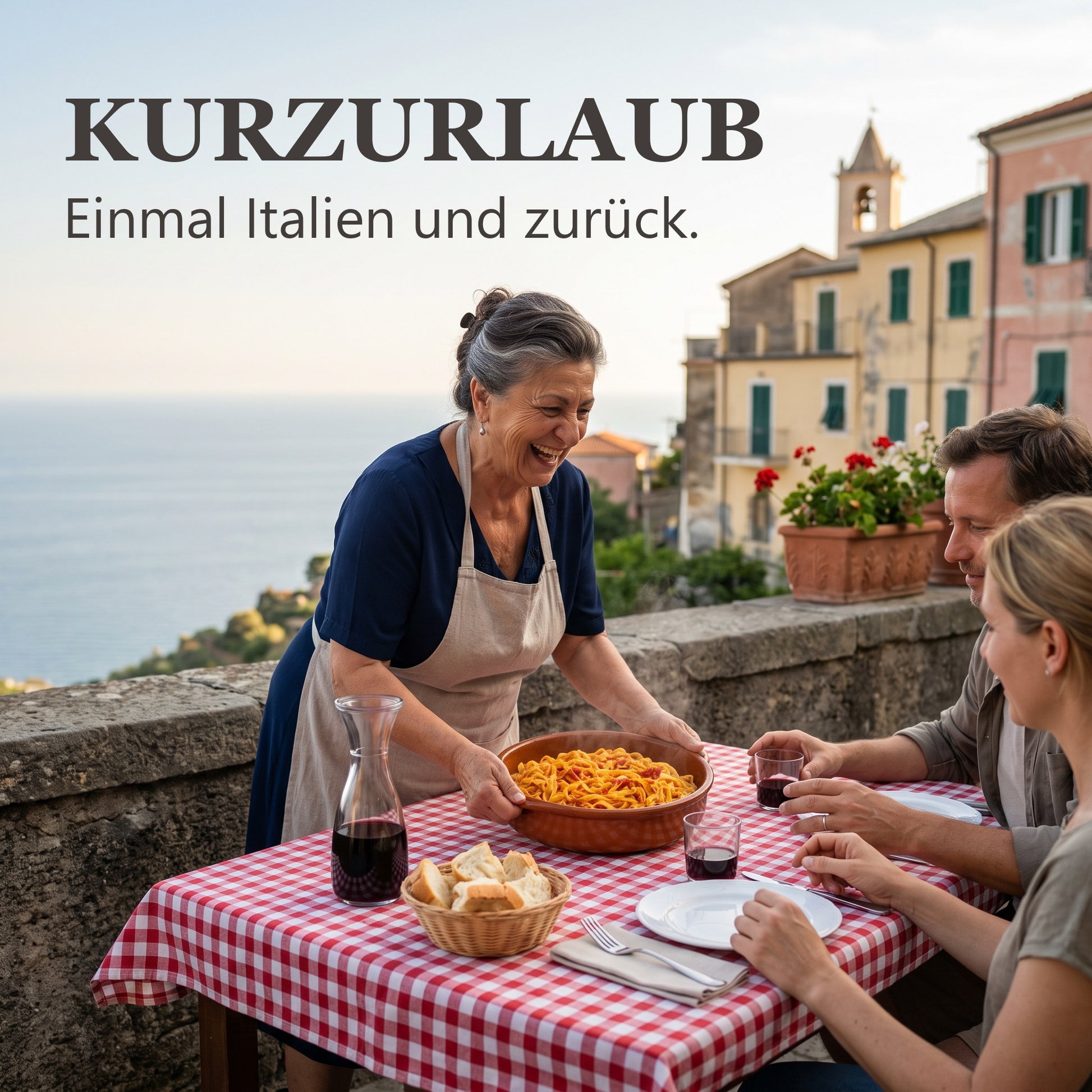Kurzurlaub – italienische Wirtin bringt die dampfende Pastaschüssel an den Tisch eines Bergdorfs über dem Meer