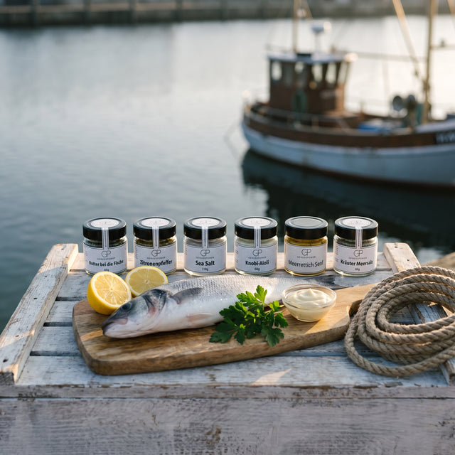 Fisch Ahoi: die sechs Sorten auf einer Fischkiste am Hafen, davor Wolfsbarsch und Zitrone