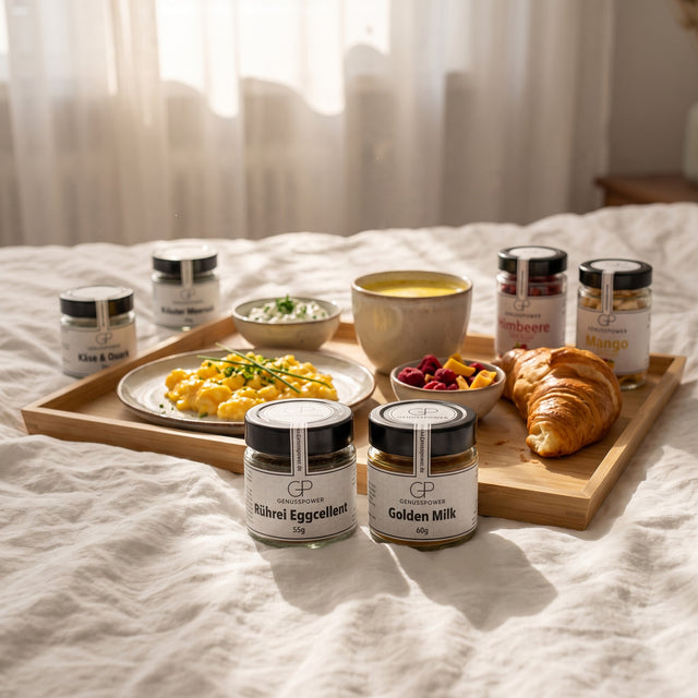 Brunch Liebe: Frühstückstablett im Bett mit Rührei, Golden Milk und den sechs Sorten