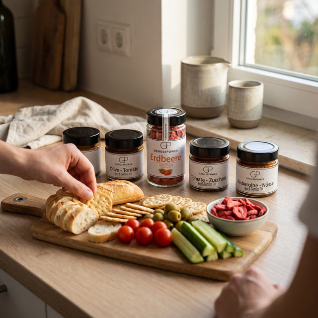 Mädelsabend: Snackbrett auf der Küchenbank mit Baguette, Oliven und Tomaten, dahinter die fünf Sorten