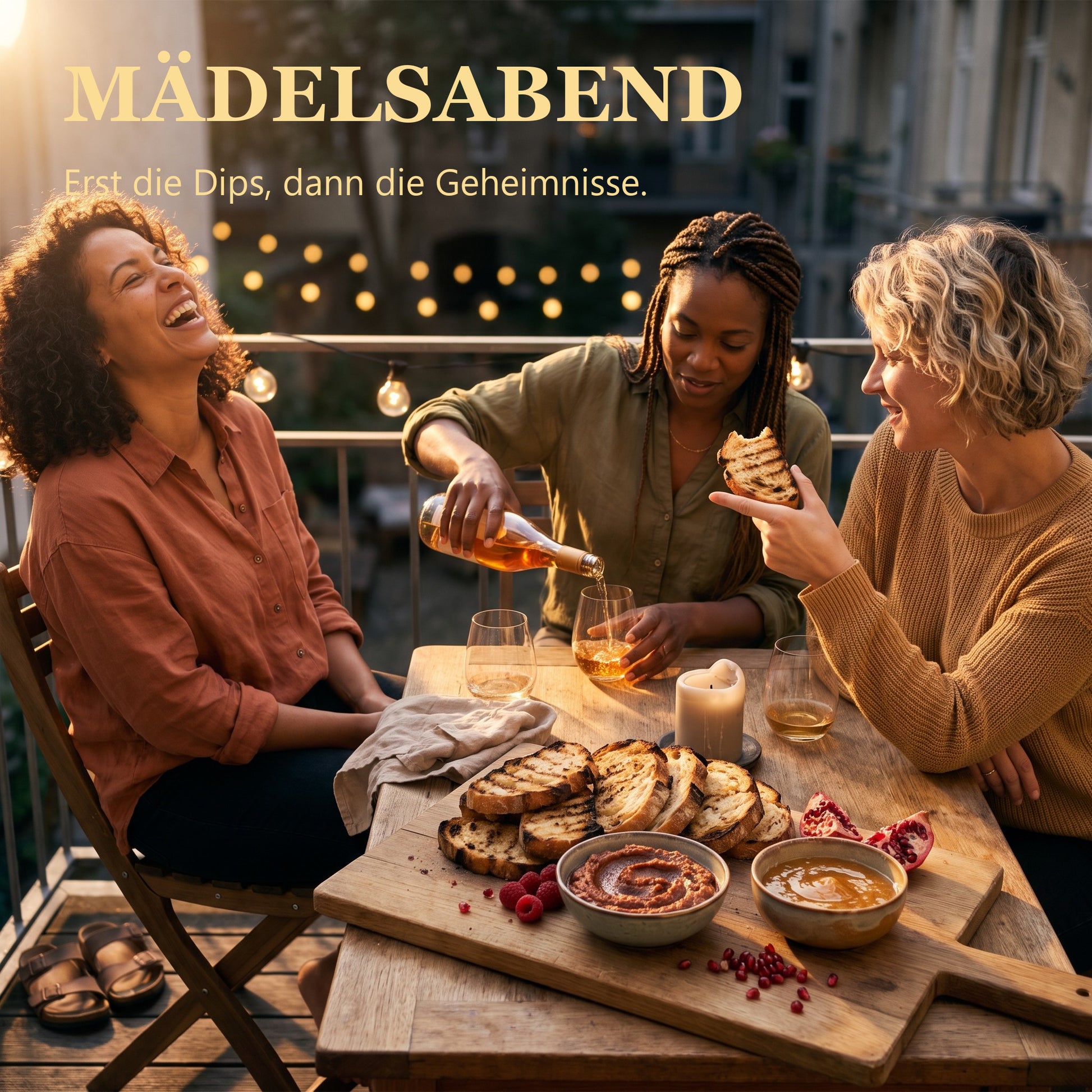 Mädelsabend – drei Freundinnen am Balkontisch, Brett mit Bruschetta und Beeren