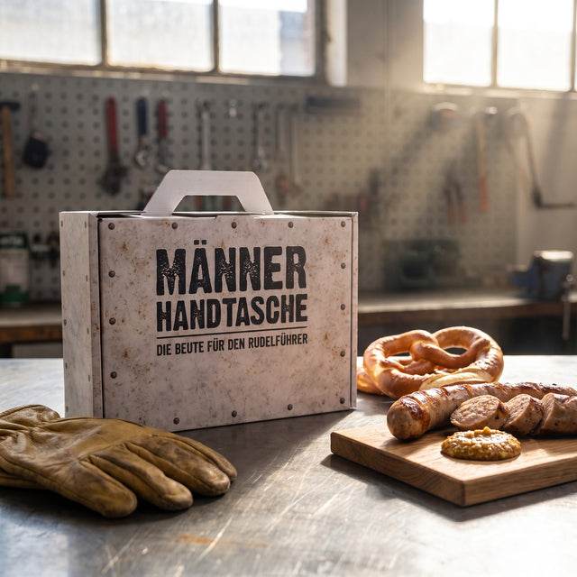 Männerhandtasche: der bedruckte Geschenkkoffer auf der Werkbank, daneben Bratwurst mit Senf und Brezel