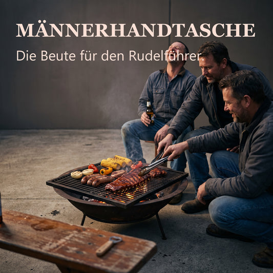 Männerhandtasche – vier Männer am Feuer, Rippchen und Gemüse auf dem Rost