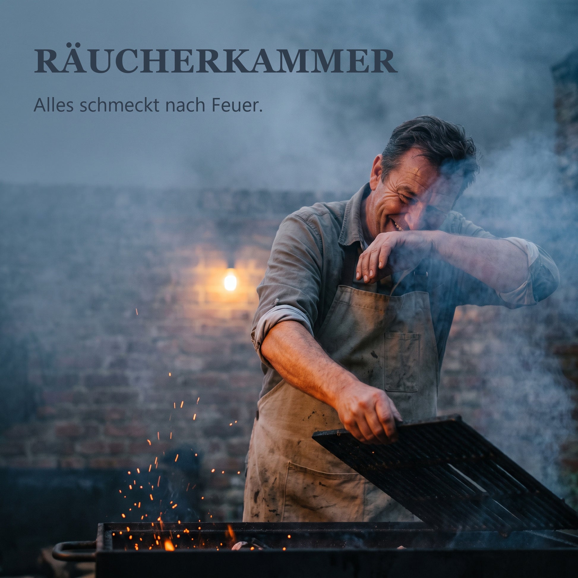 Räucherkammer – Mann am Grill dreht sich lachend aus dem Rauch, Funken über der Glut