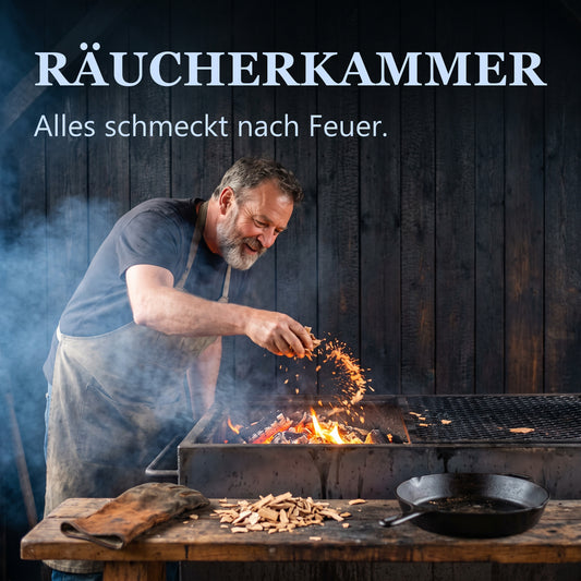 Räucherkammer – Mann am Grill dreht sich lachend aus dem Rauch, Funken über der Glut