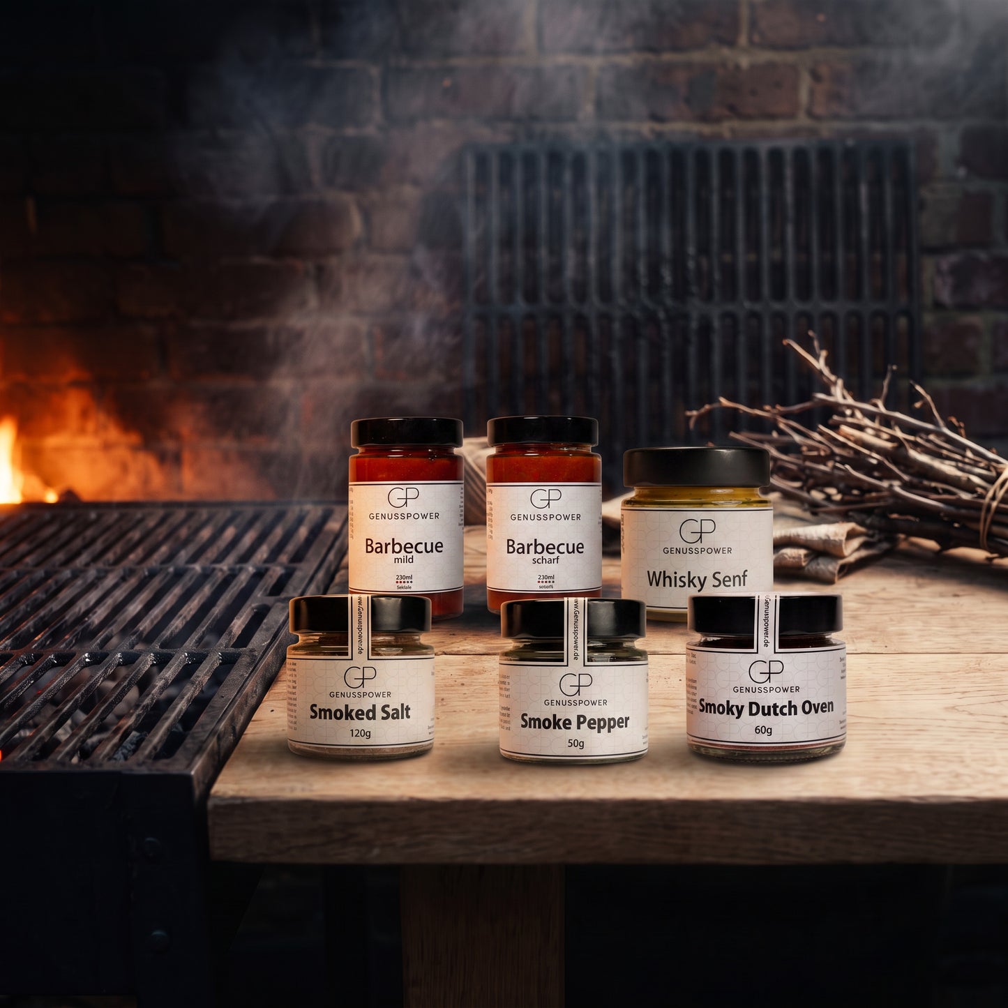 Räucherkammer – die 6 Produkte des Bundles auf dem Tisch am Grillfeuer