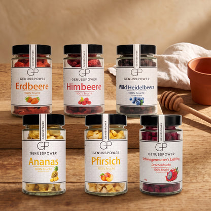 Sommerfrische – die 6 Fruchtgläser des Bundles auf dem Frühstückstisch
