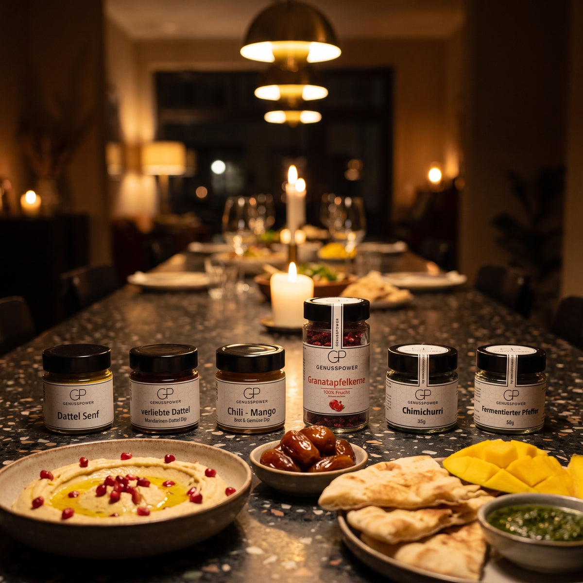 Trendsetter: sechs Gläser von Genusspower auf einem dunklen Terrazzotisch beim Abendessen, davor Hummus mit Granatapfelkernen, Datteln, Fladenbrot und Mango