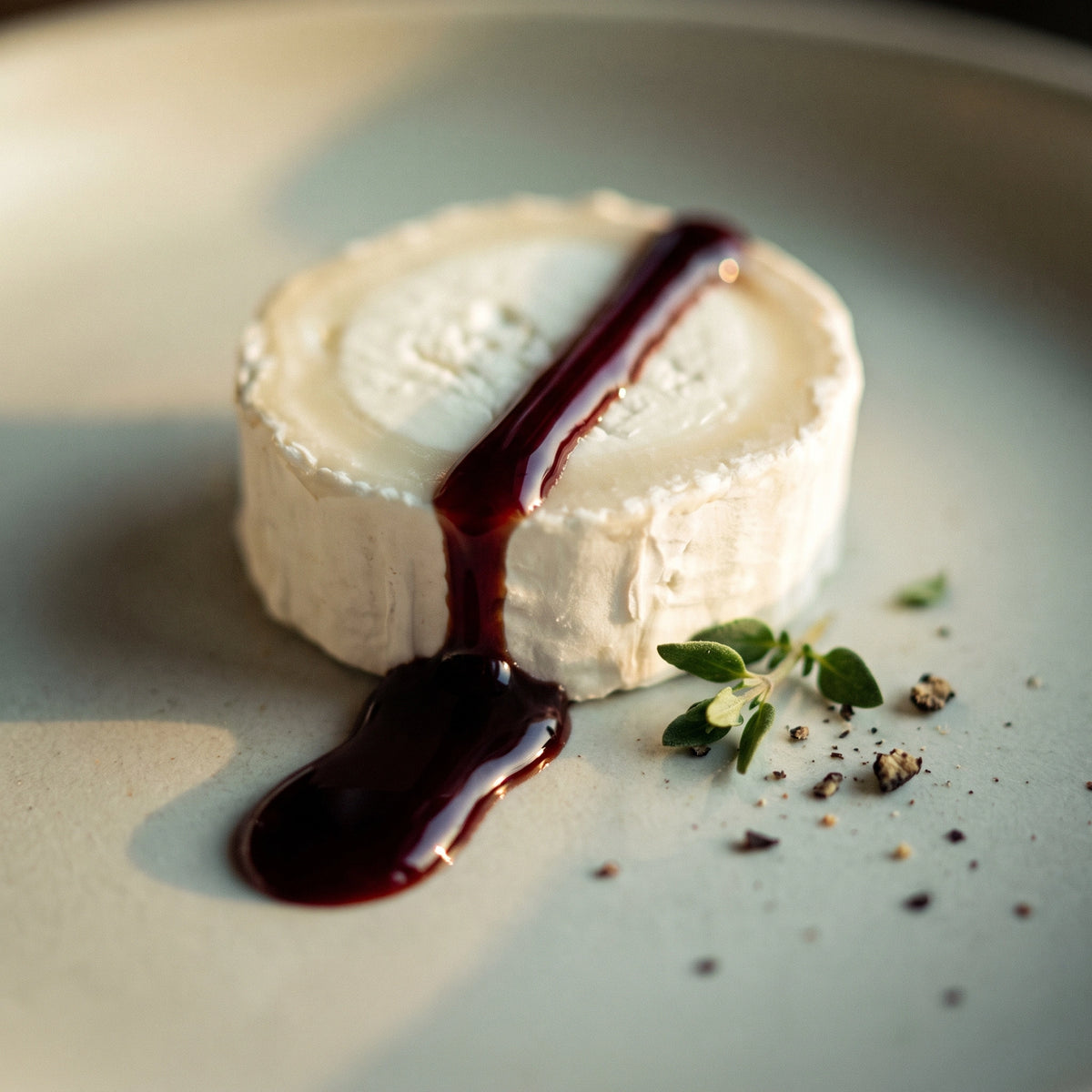 Dunkler Cranberry-Balsamico läuft in einem Faden über die Kante eines Ziegenkäses und sammelt sich auf heller Keramik