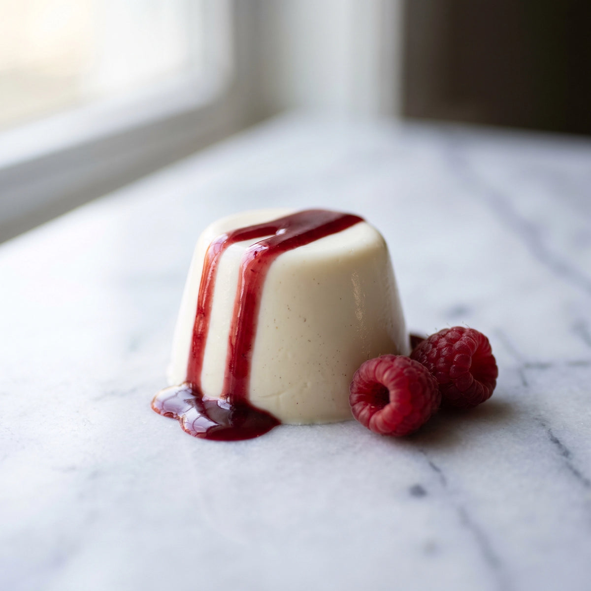Roter Himbeer-Balsamico läuft über eine gestürzte Panna Cotta auf hellem Marmor, daneben zwei frische Himbeeren