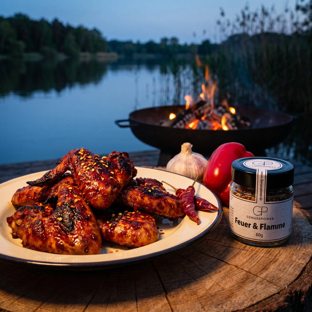 Gegrillte Chicken Wings auf einem Emailleteller an einer Feuerschale am See in der Dämmerung, daneben Feuer & Flamme von Genusspower